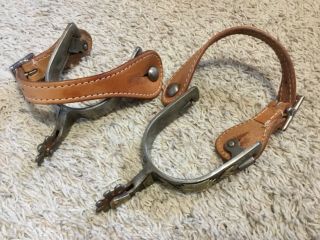 Vintage / Antique Silver Mounted Spurs With Brown Leather Straps Design On Sides
