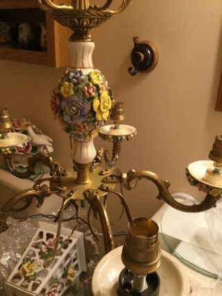 Vintage Italian Capodimonte Floral Porcelain Bronze Chandelier 5 Arm Lights