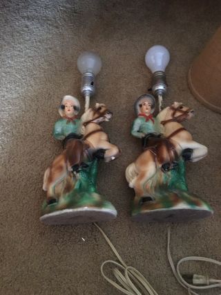 Pair Vintage 1950’s Cowboy Horse Lamps Colorful Kitsch Very Cool