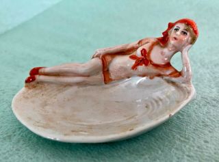 Vintage Antique German Bathing Beauty Flapper Seashell Shell Pin Dish Figurine