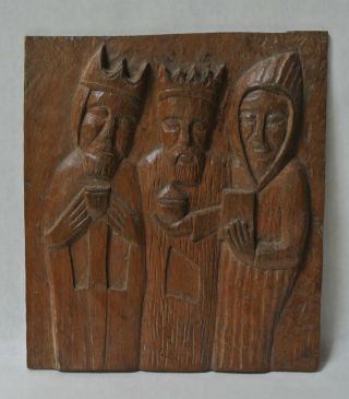 Antique Carved Oak Wood Three Wise Men Kings Plaque Primitive Art Christmas