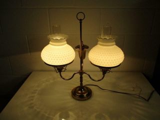 Vintage Double Hurricane Brass Table Lamp Student Lamp Brass - Hobnail Shades