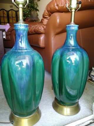 Vtg Mid Century Modern Blue Green Drip Glaze Ceramic Art Pottery Table Lamps