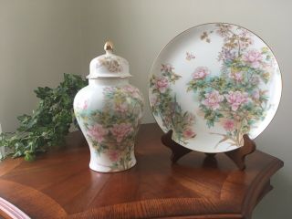 Vintage Shibata Japan Hand Painted Porcelain Ginger Jar/plate Floral Pastels Wit
