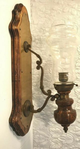 Vintage Made In Italy Wood Brass Wall Sconce Lamp Candle Glass Light 25 " Long