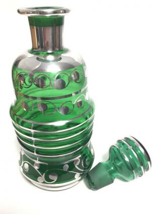 Vintage Emerald Green Bottle Silver Overlay Glass Stopper 9.  5 Inches
