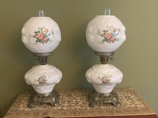 Set Of 2 Vintage Gone With The Wind Milk Glass Puffy Rose Parlor Lamps 3001