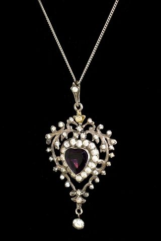 Lovely Antique French 800 Silver Jeweled Triple Heart Amethyst Pendant Necklace