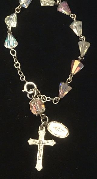 Vintage Iridescent Crystal Beaded Bracelet With Sterling Silver Catholic Charms