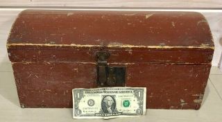 Small Antique 19th C.  Dome Top Document Box Chest Trunk Red Paint Nr