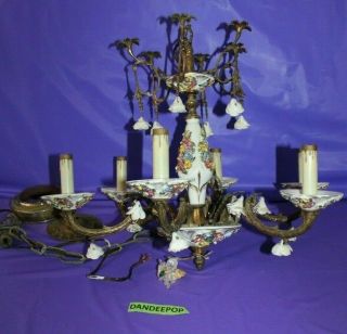Vintage Ceramic And Brass 6 Arm Candlestick Chandelier Light Fixture Spain