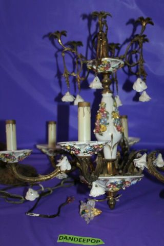 Vintage Ceramic And Brass 6 Arm Candlestick Chandelier Light Fixture Spain 2