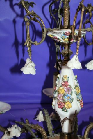 Vintage Ceramic And Brass 6 Arm Candlestick Chandelier Light Fixture Spain 3
