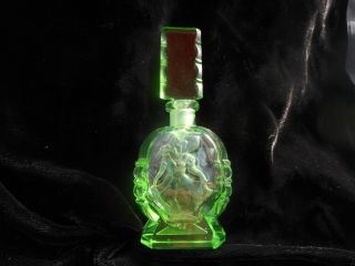 Czech Intaglio Cut Figural Perfume Bottle - Sunbonnet Lady - Green On Green - Scarce