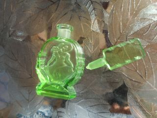 CZECH INTAGLIO CUT FIGURAL PERFUME BOTTLE - SUNBONNET LADY - GREEN ON GREEN - SCARCE 3
