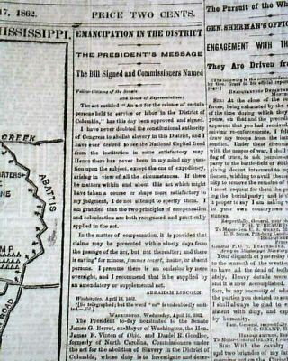 Abraham Lincoln Slaves Emancipated In Washington D.  C.  1862 Civil War Newspaper