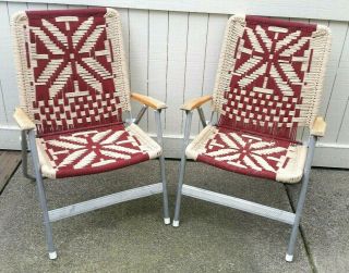 2 Vintage Aluminum Macrame Folding Lawn Chairs Burgundy Checker Snowflake Star