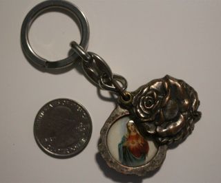 Virgin Mary Blessed Mother Immaculate Heart Of Mary Carved Rose Locket Key Chain