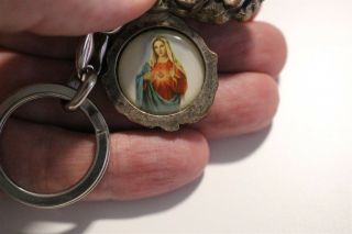 Virgin Mary Blessed Mother Immaculate Heart of Mary Carved Rose Locket Key Chain 3