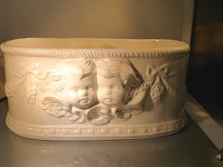 Lovely Twin Angel Decorated Planter In White Ceramic - Few Tiny Chips - Double Sides