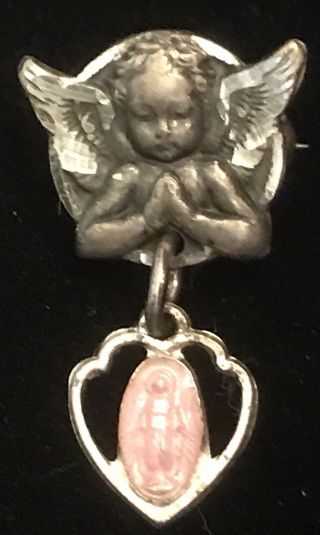 Vintage Sterling Small Angel Pin W Rose Charm Strlng Catholic Mary Hanging Medal