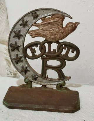 Antique Ioof Independent Order Of Odd Fellows Flt Bird & Moon Cast Iron Doorstop