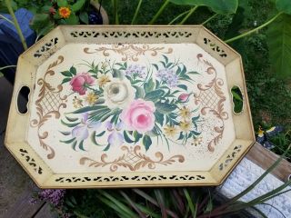 Xl Vintage Hand Painted Floral Cream Toleware Serving Tray 22 " X 16 " By Pilgrim