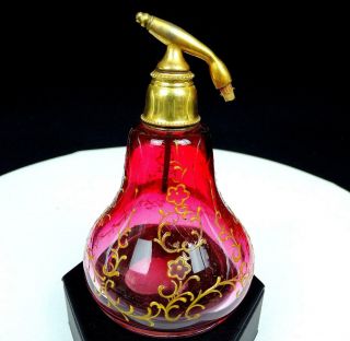 Avq Bohemian Czech Cranberry Gold Enamel Floral 4 " Perfume Atomizer Orig Stick