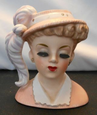 Vintage 1961 Inarco Japan Lady Head Vase Headvase E - 161 Lady W Pink Hat Feathers