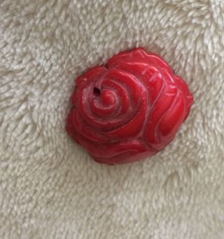 Vintage Red Coral Rose Flower Carving Drilled For Use As Pendant 6.  45 Grams