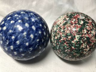Pair Antique Spongeware Pottery Carpet Ball Balls Hand Glazed Ceramic Victorian
