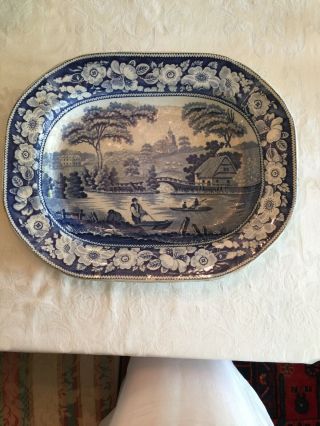 Blue And White Platter Approx 17”.  14”.  By 2 3/4” Very Old.