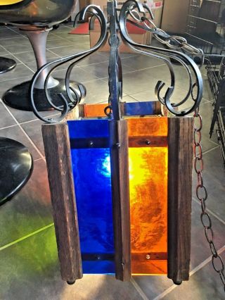 Vintage Mid Century Modern Color Stain Glass Iron Gothic Hanging Swag Lamp RARE 2