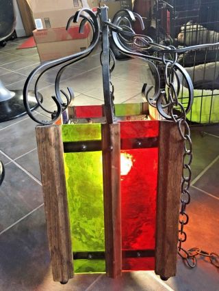 Vintage Mid Century Modern Color Stain Glass Iron Gothic Hanging Swag Lamp RARE 3