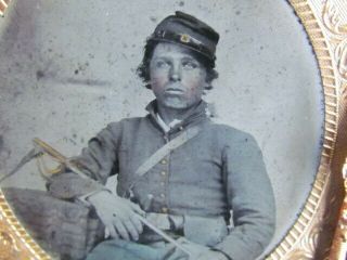 Civil War Cavalry Soldier With Sword & Pistols Tintype Photo And 4 Leaf Clover