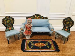 Antique Miniature German French Dollhouse Wood & Paper Litho Furniture Doll,  Rug