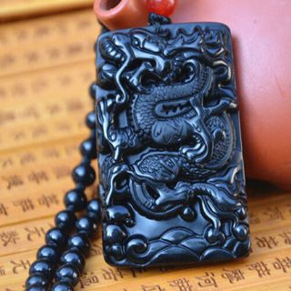 Natural Black Obsidian Carved Chinese Dragon Lucky Pendants Necklace