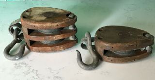 2 Vintage Single & Double Wooden Pulleys Block And Tackle Taypro San Fransisco