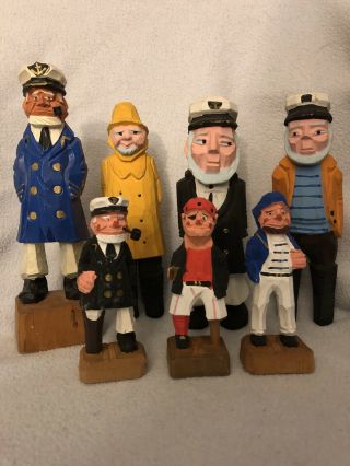Vintage Hand Carved Painted Wooden Sea Captains/pirate Nautical Figures Set Of 7
