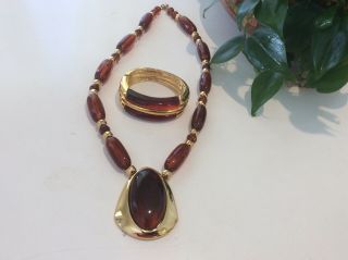 Vintage Napier Gold Tone & Amber Acrylic Set Statement Necklace & Bracelet