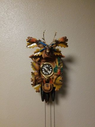 Large German Us Zone Bachmaier & Klemmer Musical Hunter Deer Carved Cuckoo Clock