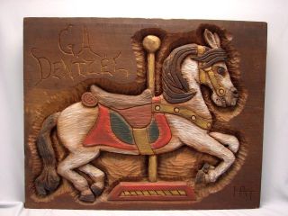Vintage Folk Art Carving Of A Dentzel Carousel Horse Wooden Plaque Signed Hta
