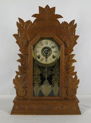 Antique Gilbert Laurel No.  3 Gingerbread Kitchen Clock Shelf Mantel Oak 1895 Yqz