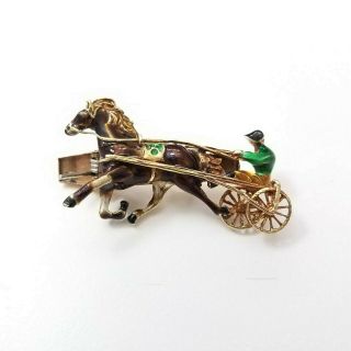 Vintage 14k Gold Enamel Harness Racing Horse Rider Jockey Tie Clip