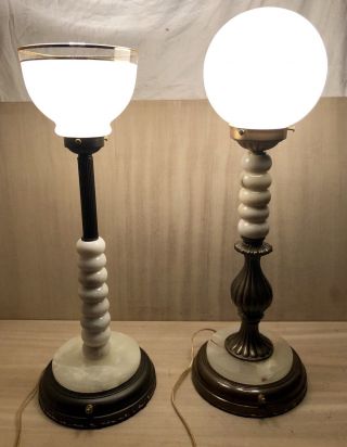 Vintage•hollywood Regency Art•mid Century Mod•milk Glass•marble•bar Lamps•pair