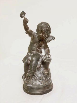 Fab Vintage French Moreao Spelter Metal Winged Cherub Figurine Statue Patina