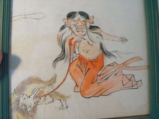 Antique Or Vintage Japanese Painting Female Demon Yukai Oni Walking Dog