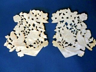 Vintage Mother Of Pearl Chinese Style Carved Bird And Floral Plaques X 2