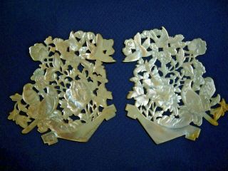 VINTAGE MOTHER OF PEARL CHINESE STYLE CARVED BIRD AND FLORAL PLAQUES X 2 2