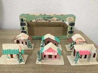 Vintage Shiny Brite Putz 6 Piece Christmas Village Houses Box Japan